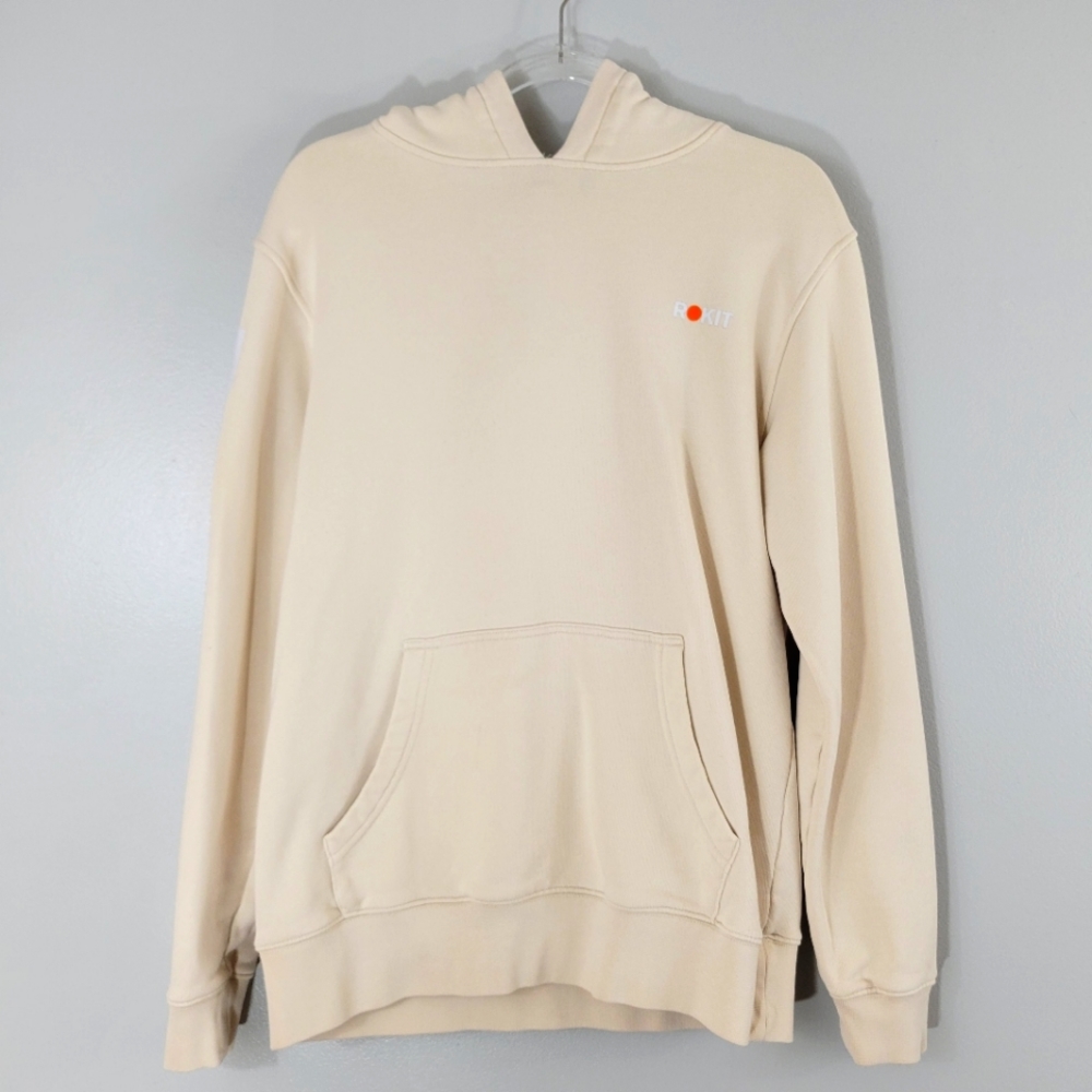 ROKIT cream spellout logo heavyweight cotton hooded pullover sweatshirt